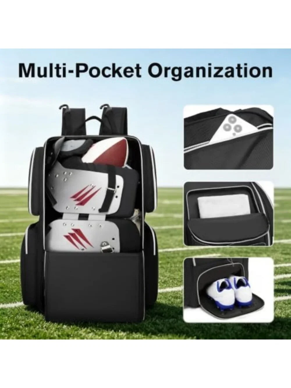 Large Capacity Football Backpack with Shoe Compartment, Padded Straps & Multiple